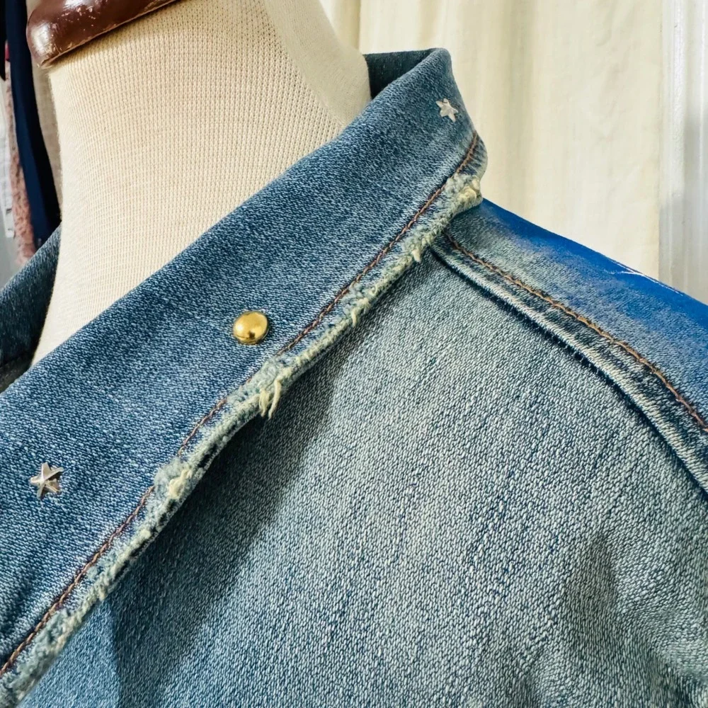 Upcycled Venezia Denim Jacket Hand Painted Taurus‎ Sun Moon Celestial Art 18-20